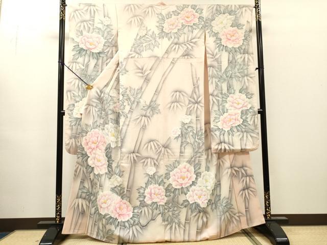 平和屋着物▼豪華振袖　手描き　笹竹牡丹文　正絹　逸品　DABH7404fe