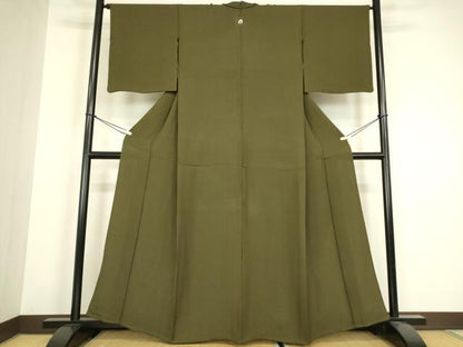 平和屋着物▽上質な色無地　単衣　霞地紋　藍海松茶色　正絹　逸品　DABH6408az