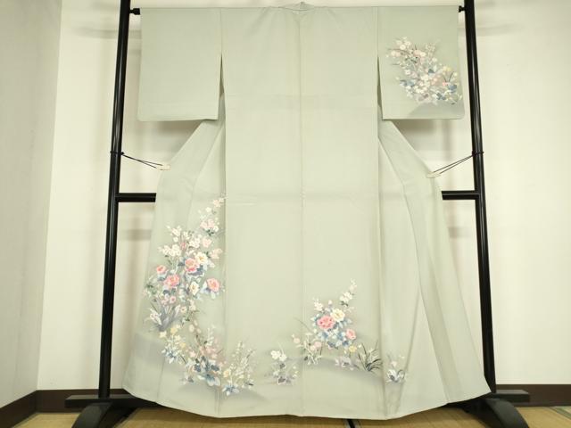 平和屋着物▽訪問着　単衣　友禅　草花文　暈し染め　正絹　逸品　DABH6394az