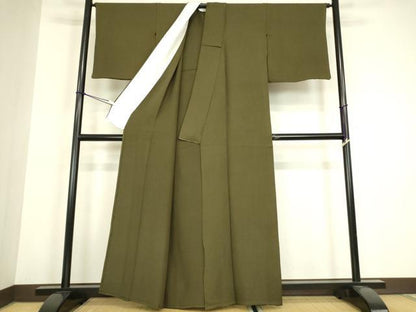 平和屋着物▽上質な色無地　単衣　霞地紋　藍海松茶色　正絹　逸品　DABH6408az