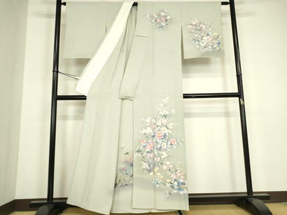平和屋着物▽訪問着　単衣　友禅　草花文　暈し染め　正絹　逸品　DABH6394az