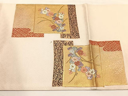 平和屋着物◎太鼓柄袋帯　駒刺繍　色紙重ね草花文　金彩　正絹　逸品　CABJ6156yk