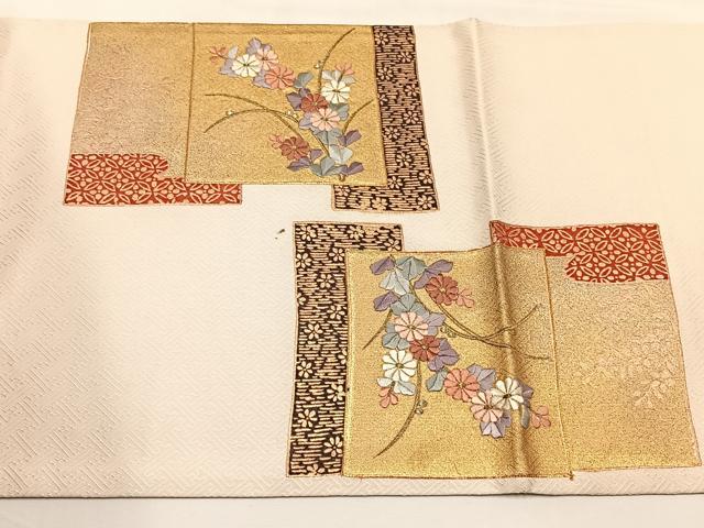 平和屋着物◎太鼓柄袋帯　駒刺繍　色紙重ね草花文　金彩　正絹　逸品　CABJ6156yk