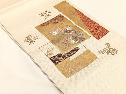 平和屋着物◎太鼓柄袋帯　駒刺繍　色紙重ね草花文　金彩　正絹　逸品　CABJ6156yk