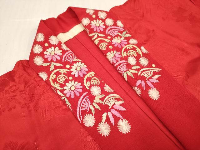 平和屋着物[]長襦袢　女の子　子供　袷　花丸地紋　猩々緋色　半衿刺繍　逸品　DABH5135ea