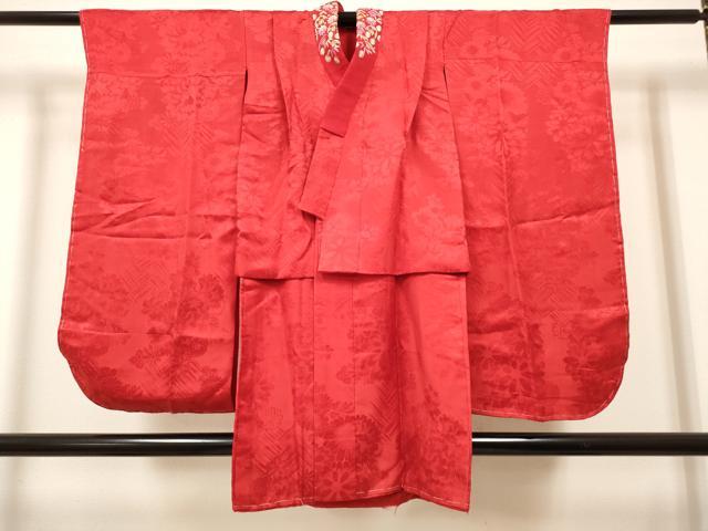 平和屋着物[]長襦袢　女の子　子供　袷　花丸地紋　猩々緋色　半衿刺繍　逸品　DABH5135ea