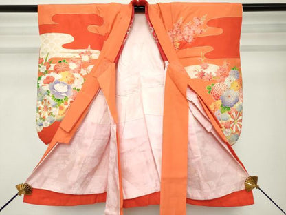 平和屋着物[]七五三　女の子　３歳　祝着　三つ身　襦袢付き　花車文　金彩　逸品　DABH5190ea