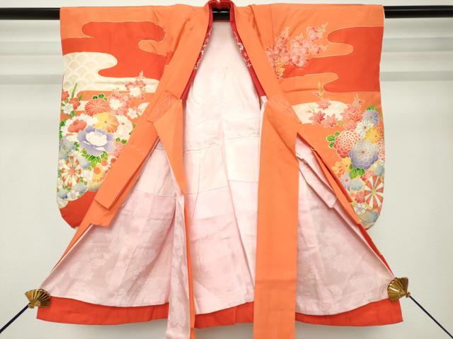 平和屋着物[]七五三　女の子　３歳　祝着　三つ身　襦袢付き　花車文　金彩　逸品　DABH5190ea