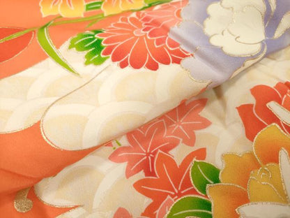 平和屋着物[]七五三　女の子　３歳　祝着　三つ身　襦袢付き　花車文　金彩　逸品　DABH5190ea