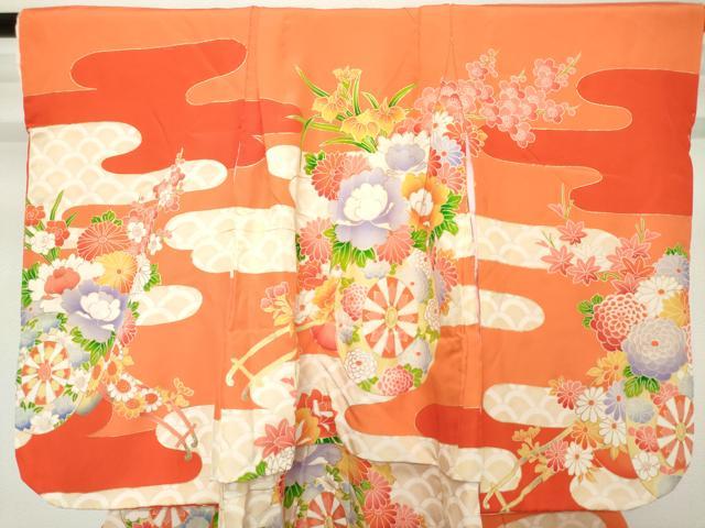 平和屋着物[]七五三　女の子　３歳　祝着　三つ身　襦袢付き　花車文　金彩　逸品　DABH5190ea