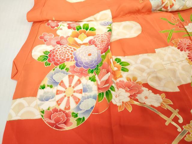 平和屋着物[]七五三　女の子　３歳　祝着　三つ身　襦袢付き　花車文　金彩　逸品　DABH5190ea