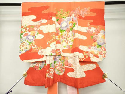 平和屋着物[]七五三　女の子　３歳　祝着　三つ身　襦袢付き　花車文　金彩　逸品　DABH5190ea
