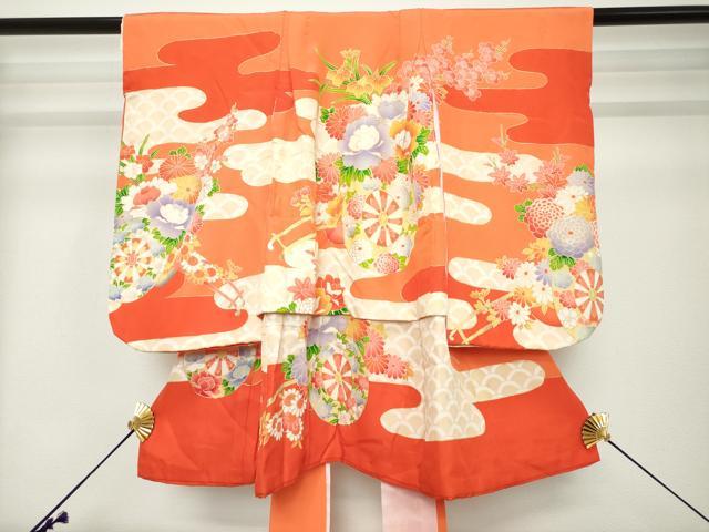平和屋着物[]七五三　女の子　３歳　祝着　三つ身　襦袢付き　花車文　金彩　逸品　DABH5190ea