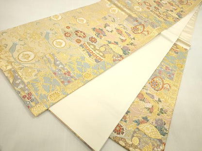 平和屋本店▼西陣　六通柄袋帯　唐織　赤手箱牡丹蒔絵之図　本金箔　証紙付き　正絹　逸品　DABH0979op