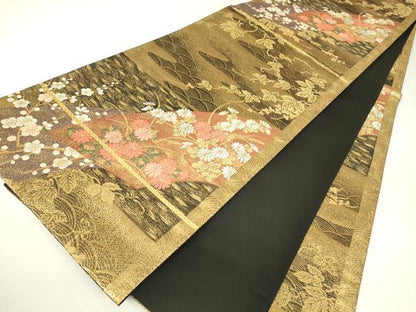 平和屋着物▼六通柄袋帯　地紙花文　金糸　正絹　逸品　DABH6469az