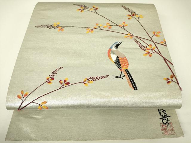 平和屋着物▼太鼓柄袋帯　作家物　休み鳥　漆銀箔　プラチナ二重箔　正絹　逸品　DABH6480az