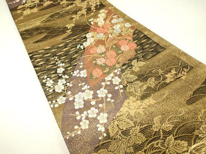 平和屋着物▼六通柄袋帯　地紙花文　金糸　正絹　逸品　DABH6469az