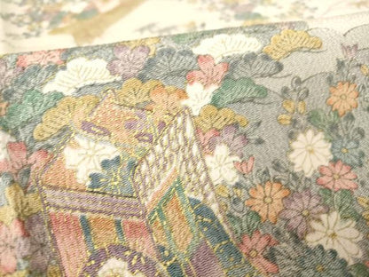 平和屋着物▽上質な小紋　単衣　御所車花文　金彩　鬼しぼ縮緬　正絹　逸品　DABH6557az
