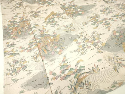平和屋着物▽上質な小紋　単衣　御所車花文　金彩　鬼しぼ縮緬　正絹　逸品　DABH6557az