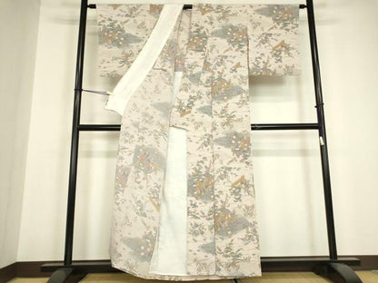 平和屋着物▽上質な小紋　単衣　御所車花文　金彩　鬼しぼ縮緬　正絹　逸品　DABH6557az