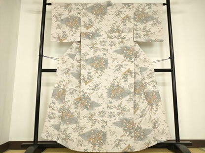 平和屋着物▽上質な小紋　単衣　御所車花文　金彩　鬼しぼ縮緬　正絹　逸品　DABH6557az