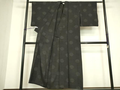 平和屋着物▽上質な紬　単衣　亀甲文　黒地　正絹　逸品　DABH6567az
