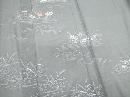平和屋着物＊夏物　訪問着　絽紬　刺繍　立波草花文　銀彩　正絹　逸品　CABK0837ou