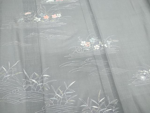 平和屋着物＊夏物　訪問着　絽紬　刺繍　立波草花文　銀彩　正絹　逸品　CABK0837ou