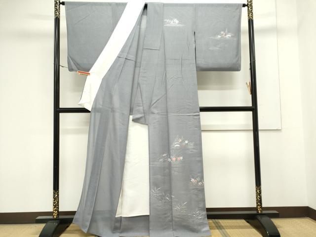 平和屋着物＊夏物　訪問着　絽紬　刺繍　立波草花文　銀彩　正絹　逸品　CABK0837ou