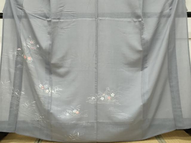 平和屋着物＊夏物　訪問着　絽紬　刺繍　立波草花文　銀彩　正絹　逸品　CABK0837ou
