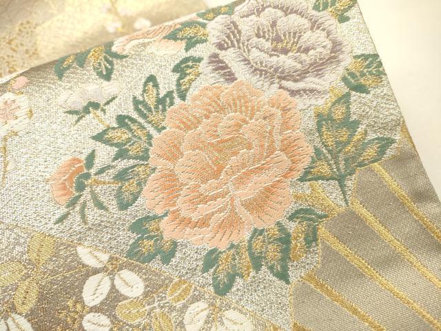 平和屋着物▼六通柄袋帯　唐織　扇面蒔絵花文　金銀糸　正絹　逸品　DABH7558fe
