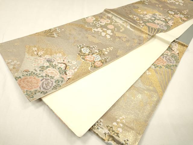 平和屋着物▼六通柄袋帯　唐織　扇面蒔絵花文　金銀糸　正絹　逸品　DABH7558fe