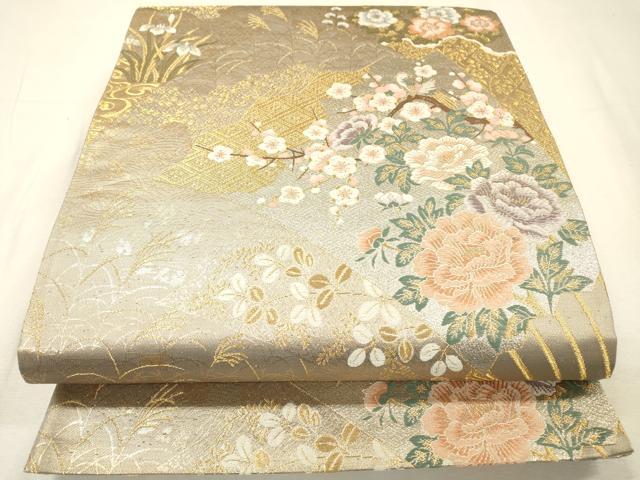 平和屋着物▼六通柄袋帯　唐織　扇面蒔絵花文　金銀糸　正絹　逸品　DABH7558fe