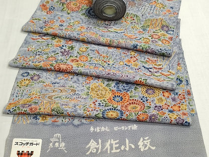 平和屋着物▼小紋　反物　着尺　流水草花文　鬼しぼ縮緬　逸品　未使用　DABG9428we