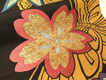 平和屋着物●全通柄袋帯　唐織　いろどり　花蝶文　黒地　金銀糸　長尺　正絹　逸品　CABJ7500vp