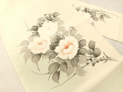 平和屋着物●塩瀬　九寸名古屋帯　作家物　手描き　草花文　正絹　逸品　CABJ7499vp