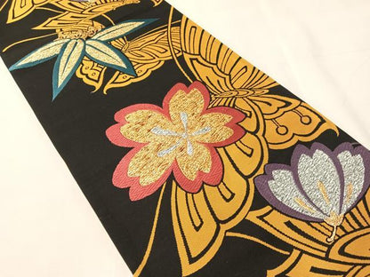 平和屋着物●全通柄袋帯　唐織　いろどり　花蝶文　黒地　金銀糸　長尺　正絹　逸品　CABJ7500vp