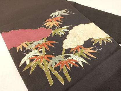 平和屋着物●塩瀬　九寸名古屋帯　雲取り笹竹文　黒地　金彩　正絹　逸品　CABJ7521vp