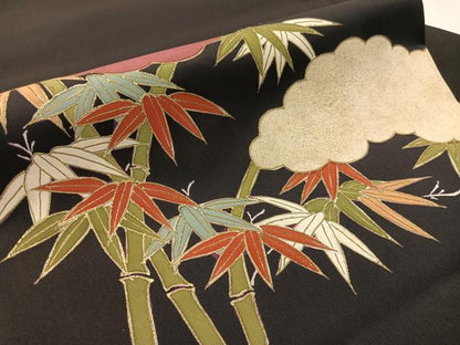 平和屋着物●塩瀬　九寸名古屋帯　雲取り笹竹文　黒地　金彩　正絹　逸品　CABJ7521vp