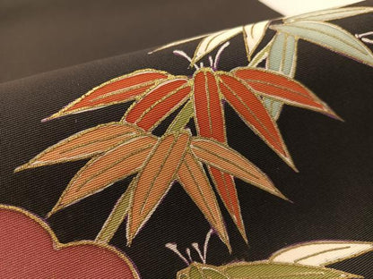 平和屋着物●塩瀬　九寸名古屋帯　雲取り笹竹文　黒地　金彩　正絹　逸品　CABJ7521vp