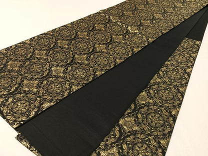 平和屋着物●六通柄袋帯　花唐草文　黒地　金糸　正絹　逸品　CABJ7531vp