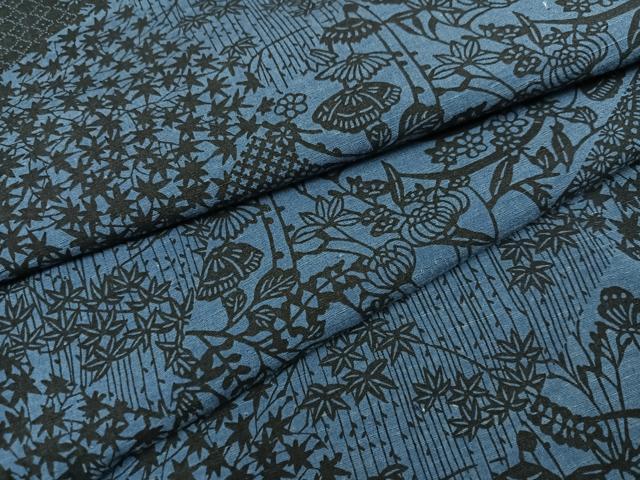 平和屋着物●上質な小紋　藍　型染め　紬地　草花文　正絹　逸品　AABK8263ph
