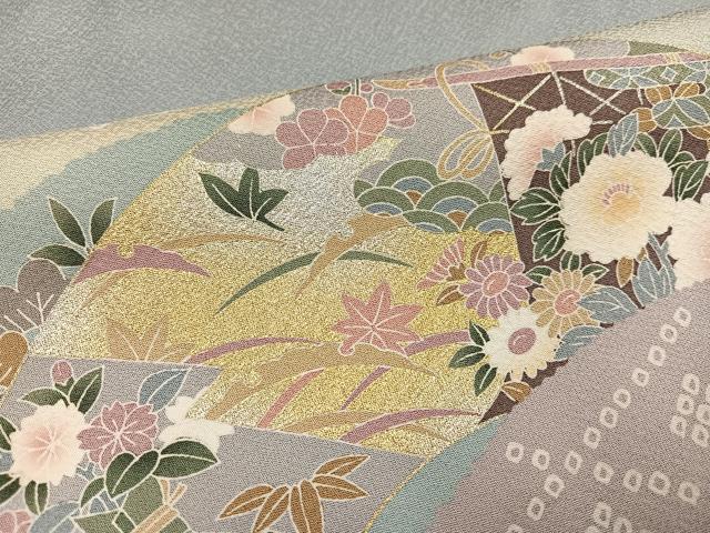 平和屋着物●訪問着　作家物　駒刺繍　地紙草花文　暈し染め　金彩　松坂屋扱い　正絹　逸品　AABK8264ph