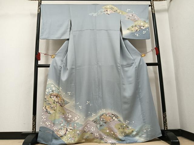 平和屋着物●訪問着　作家物　駒刺繍　地紙草花文　暈し染め　金彩　松坂屋扱い　正絹　逸品　AABK8264ph