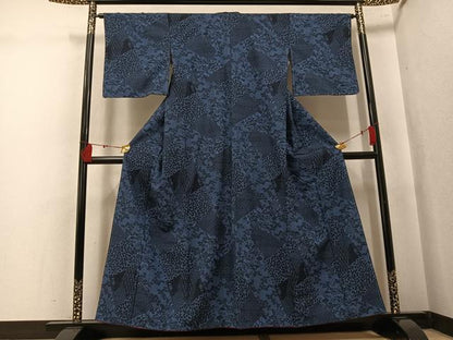 平和屋着物●上質な小紋　藍　型染め　紬地　草花文　正絹　逸品　AABK8263ph