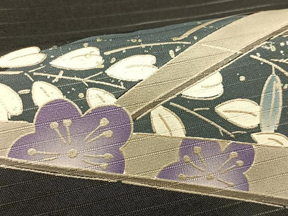 平和屋着物＊夏物　絽塩瀬　九寸名古屋帯　枝花文　黒地　金銀彩　正絹　逸品　CABK1333fb