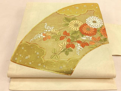 平和屋着物＊夏物　九寸名古屋帯　駒刺繍　地紙花文　金糸　正絹　逸品　CABK1329fb