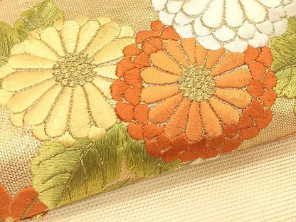 平和屋着物＊夏物　九寸名古屋帯　駒刺繍　地紙花文　金糸　正絹　逸品　CABK1329fb