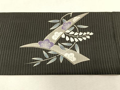 平和屋着物＊夏物　絽塩瀬　九寸名古屋帯　枝花文　黒地　金銀彩　正絹　逸品　CABK1333fb