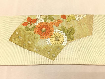 平和屋着物＊夏物　九寸名古屋帯　駒刺繍　地紙花文　金糸　正絹　逸品　CABK1329fb